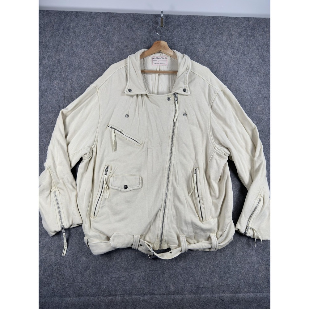 We‎ The Free Rebel Rebel Moto Jacket Womens XL White Cotton Knit Biker Belted